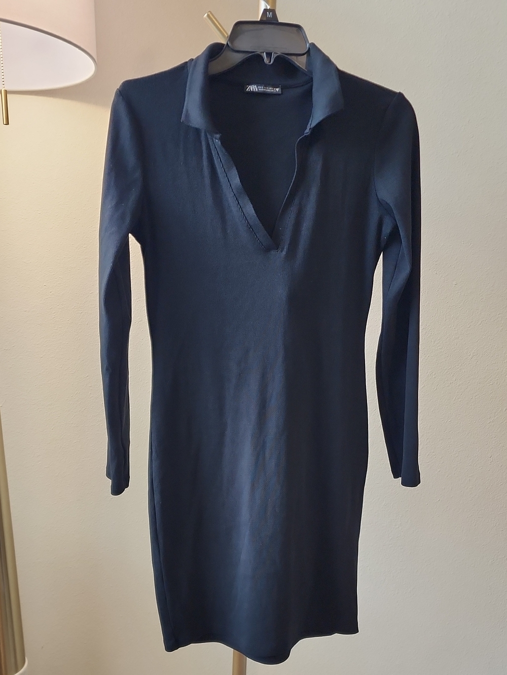 ZARA Black Ribbed Mini Polo Dress Long Sleeve Size M